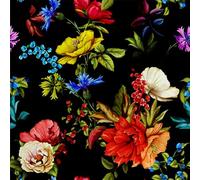 HEKO PANELS Tissu de velours vendu au mètre Tissu décoratif Imprimée Tissu pour meubles Tissu d'ameublement Tissu de velours Polyester Tissu à coudre Hydrofuge Fleurs Royales Noir Multicolore 140 x