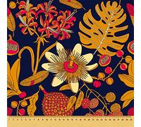 HEKO PANELS Tissu Oxford imperméable au mètre Toile en polyester à coudre Tissu d'ameublement pour décoration/artisanat Opaque Fleurs dorées Bleu foncé 100 x 155 cm