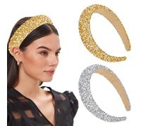 HEKOBAG 2 Pcs Serre-Tête Perles avec Strass, Femmes Large Bandeau Epais Serre Tete de Mariée Accessoires de Cheveux Skincare Serre Tete Femme Serre Tête Elastique pour Femmes et Filles(Argent, Doré)