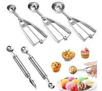 HEKOBAG 3 Pcs Cuillère à Crème Glacée avec 2 Pcs Cuillère à Melon, 3 Tailles Cuillère à Glace en Acier Inoxydable, Cuillère à Fruits Multifonctionnelle, Cuillère à Boules de Glace pour Fruits Glacée