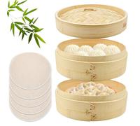 HEKOBAG Cuiseur Vapeur en Bambou, Panier à Vapeur en Bambou à 2 Étages, Cuiseurs à Vapeurs Ø 21 cm, Panier Cuisson avec 5 Pcs Tapis de Cuisson pour Boulettes, Légumes, Riz