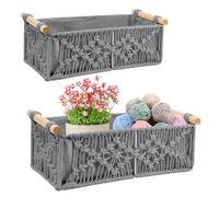 HEKOBAG Lot de 2 Panier Rangement Tressés, Corbeille Tressé Rectangulaire Panier de Rangement Corde de Coton Fait Main Panier Rangement Salle de Bain avec Poignées pour Salon Chambre à Coucher (Gris)