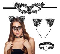 HEKOBAG Lot de 3 Masque Dentelle, Serre Tete Oreille de Chat, Collier Ras de Cou Cœur, Masque Venitien Noir, Masque de Mascarade, Masque Yeux Dentelle Noir pour Carnaval, Halloween, Costume, Party