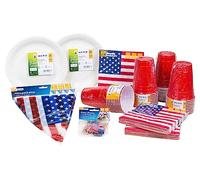 HEKU Kit de fête américain de 191 pièces I Assiettes en carton Ø 23 cm, gobelets rouges, serviettes 3 couches 33 x 33 cm, pic décoratif, guirlande de fanions 10 m I Parfait pour les fêtes à thème et