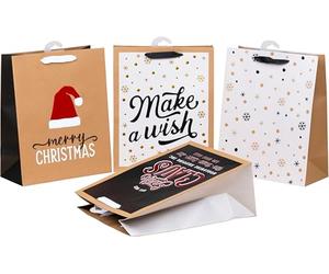 HEKU Lot de 24 sacs cadeaux de Noël XL 33 x 26 x 13 cm - 4 motifs de Noël X-Mas Nature Trend 2 - Hotfoil & gaufrage - Avec cartes pliantes - Papier de qualité supérieure - Idéal pour les grands
