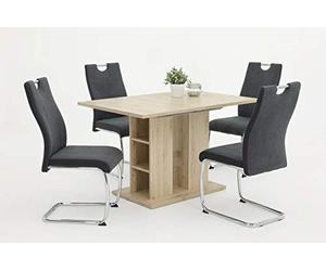 Hela Tische Alina Ensemble De Salle À Manger 5 Pièces, Guéridon Chêne Sanremo 120-180 x 80 cm Et 4 Chaises Cantilever Anthracite, Piètement en Métal Chromé