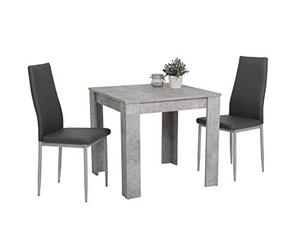 Hela Tische Ensemble De Salle À Manger 3 Pièces Duo, Table Carrée en Bois Mélaminé, Aspect Béton Et 2 Chaises De Salle À Manger Grises, Pieds en Métal Gris
