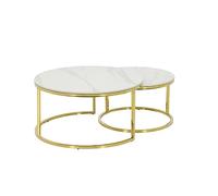 Hela Tische, Lot de 2 Tables Basses Joel, Rondes, en Pierre véritable Aspect marbre Blanc Brillant, Structure dorée en métal, diamètre : 80 et 60 cm