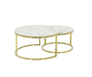 Hela Tische, Lot de 2 Tables Basses Joel, Rondes, en Pierre véritable Aspect marbre Blanc Brillant, Structure dorée en métal, diamètre : 80 et 60 cm