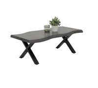 Hela Tische, Table à Bords d'arbre Gerd, Basse, Structure en X en métal Noir, Plateau alvéolaire revêtu de mélamine, décor Acacia Gris, 110 x 60 cm