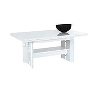 Hela Tische, Table Basse Dario, Fonctionnelle, laquée en Blanc Brillant, Extensible de 110 à 180 cm, Hauteur réglable de 50 à 60 cm, avec étagère et manivelle