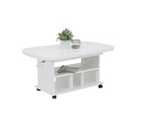 Hela Tische, Table Basse Fonctionnelle Babsi, en matériau dérivé du Bois avec revêtement en mélamine, Blanche, réglable en Hauteur de 53 à 63 cm, Extensible de 107 à 157 cm, sur roulettes