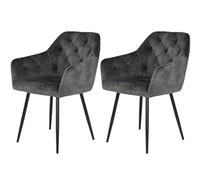 Hela Tische, Tina Lot De 2 Fauteuils avec Accoudoirs, en Velours Anthracite, Piètement Tubulaire Rond Noir, Surpiqûres À Carreaux