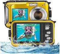 Helangel Appareil Photo Etanche Numérique,Full HD 2.7K 48MP Caméra sous-Marine Zoom Digital 16x Camera Etanche avec Double écran Caméra pour Adolescents Élèves Débutants Jaune