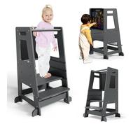 Helangel Tour d'apprentissage Montessori 3-en-1 avec Tableau Noir - Tour de Cuisine Ajustable avec Barre de sécurité, escabeau en Bois Naturel pour Les Enfants de 18+ Mois (capacité de 80kg)