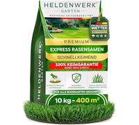 HELDENWERK® Graines de gazon à germination rapide - 10 kg/400 m² - Été - 100 % garantie germination - Pour les conditions météorologiques allemandes - Graines d'herbe pour post-semis et neusemis