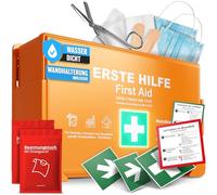 HELDENWERK Kit de premiers secours selon la nouvelle norme DIN 13157:2021 avec support mural et autocollants | Sac de premiers secours universel pour entreprise, ménage ou restauration - Trousse de
