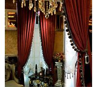 Helen curtain Lot de 2 Rideaux occultants à Pompons en Velours pour Salon, Chambre à Coucher (Bordeaux, 127 x 274 cm)