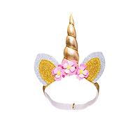 Heless 131 Serre-tête pour poupée avec Corne dorée pailletée, Oreilles et Fleurs Taille 35-45 cm