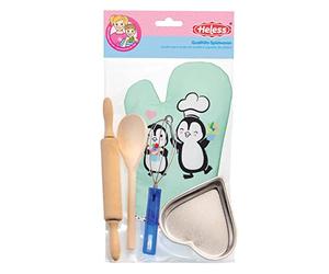 Heless 232 - Set de pâtisserie pour Enfants, 5 Accessoires de pâtisserie avec Gant de Four, Moule à gâteau en Forme de cœur, Rouleau à pâtisserie et cuillère de Cuisine en Bois et Fouet