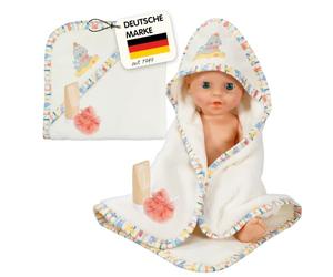 Heless 269 AHOI Ensemble de Bain pour poupée avec Serviette de Bain à | En peluche, avec shampooing en bois et éponge de bien-être, blanc, taille 48 x 48 cm, pour les enfants à partir de 36 mois