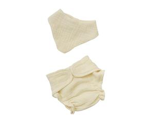 Heless 4201 - Vêtements de poupée 100% Coton Bio, Set de 2 pièces avec Couche en Tissu et Bavoir en écru pour poupées et Animaux en Peluche de 28 à 35 cm