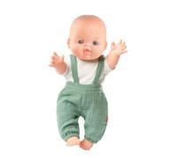 Heless 54021 - Poupée bébé garçon avec Salopette en Mousseline Vert Sauge et Un t-Shirt Blanc, en Coton Bio, Une poupée de 34 cm