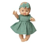 Heless 54022 - Poupée bébé Fille avec Robe en Mousseline Vert Sauge et Bandeau Assorti, 100% Coton Bio, poupée de Taille 34 cm