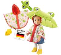 Heless 6721 Ensemble de Pluie pour poupée « Froschi Carlo » avec Parapluie, Cape de Pluie et Petites Bottes, pour poupées de 28 à 35 cm