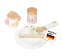 Heless 680 Set de Repas pour poupées « Freche Früchtchen » en Rose et Blanc, en Bois, Set de 4 pièces Comprenant Une Assiette, Une Petite cuillère, Un gobelet à Bec et Un Pot de purée