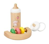 Heless 685 Kit pour bébé de poupée « Moutonnet » en Bois, Lot de 3 pièces aux Couleurs du Bois, Comprenant Un biberon, Une tétine et Un hochet