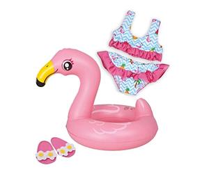 Heless 99 Ensemble de Natation pour poupée 3 pièces Flamingo Ella, Bikini, Tongs et bouée, Taille 35 à 45 cm, pour s'amuser Lors des Chaudes journées d'été, Rose