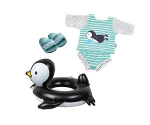 Heless Lot de 11 Paires de Pingouins pour poupées - Tenue 4 pièces avec Chaussons et Anneau de Natation - Taille 35 à 45 cm - Multicolore