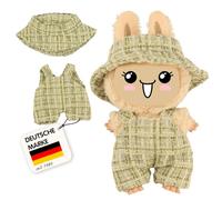 Heless Monster Styles 7511 - Salopette de poupée en Bouclette avec Chapeau de pêcheur en Vert Menthe, avec Motif à Carreaux, Set Kawaii pour Monstres de 15 cm