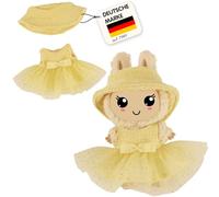 Heless Monster Styles 7513 - Robe de poupée en Bouclette avec Chapeau de pêcheur en Jaune, avec Tulle, Paillettes et nœud, Set Kawaii pour Monstres de 15 cm
