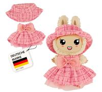 Heless Monster Styles 7514 - Robe de poupée en Bouclette avec Chapeau de pêcheur en Rose, avec Motif à Carreaux et nœud, Set Kawaii pour Monstres de Taille 15 cm