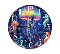 Helhappy Horloge murale 25,4 cm, silencieuse, sans tic-tac, fonctionne avec piles, méduse colorée, hippocampe, horloges murales en PVC pour la maison, le salon, le bureau, l'école, la cuisine, la