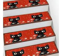 Helhappy Lot de 10 tapis d'escalier antidérapants 19,8 x 76,2 cm, motif chat noir, fleurs rouges, neige, escalier d'intérieur doux pour enfants, personnes âgées et animaux domestiques