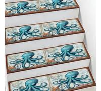 Helhappy Lot de 10 tapis d'escalier antidérapants 19,8 x 76,2 cm, poulpe vintage et carte du monde, tapis d'escalier doux pour enfants, personnes âgées et animaux domestiques