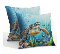 Helhappy Lot de 2 housses de coussin carrées imperméables pour extérieur, terrasse, jardin, canapé, motif tortue de mer, océan, monde sous-marin, 55,9 x 55,9 cm