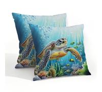 Helhappy Lot de 2 housses de coussin carrées imperméables pour extérieur, terrasse, jardin, canapé, motif tortue de mer, océan, monde sous-marin, 50,8 x 50,8 cm