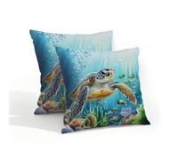 Helhappy Lot de 2 housses de coussin carrées imperméables pour extérieur, terrasse, jardin, canapé, motif tortue de mer, océan, monde sous-marin, 40,6 x 40,6 cm