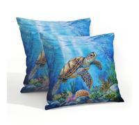 Helhappy Lot de 2 housses de coussin carrées imperméables pour extérieur, terrasse, jardin, canapé, motif tortue de mer, océan, monde sous-marin, 50,8 x 50,8 cm