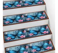 Helhappy Tapis d'escalier antidérapant 19,8 x 76,2 cm, aquarelle, bleu, papillon, fleurs roses, tapis d'escalier d'intérieur doux pour enfants, personnes âgées et animaux domestiques