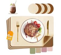 HELI MIAO Set de Table Carré Lavable et Dessous de Verre, Dessous de Table Double Face, Lot de 6 en Cuir PVC Antidérapant et Lavable Plastique, 43x30cm (Beige + Marron)