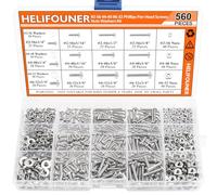 HELIFOUNER Assortiment de 560 pièces #2-56#4-40#6-32 Vis à métaux cruciformes à tête cylindrique Écrous Rondelles Filetage grossier Entièrement fileté à la machine Acier inoxydable 304