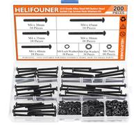 HELIFOUNER Lot de 200 vis métriques à tête cylindrique M4 x 30 mm/35 mm/40 mm/45 mm/50 mm, à tête bombée et écrous, alliage d'acier de qualité 10.9, entièrement fileté, noir