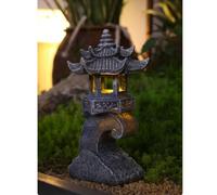 Helilyco Lanterne solaire automatique à LED en forme de pagode, imitation pierre, lampe de jardin en résine, étanche, rechargeable, décoration de paysage extérieur