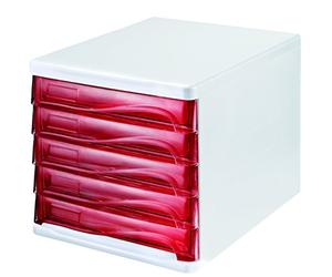 Helit H6129420 Bloc de rangement à 5 tiroirs avec espace d’écriture - gris clair/rouge transparent