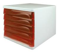 Helit Bloc de rangement H6129420 - 5 tiroirs avec espace d’écriture - gris clair/rouge transparent